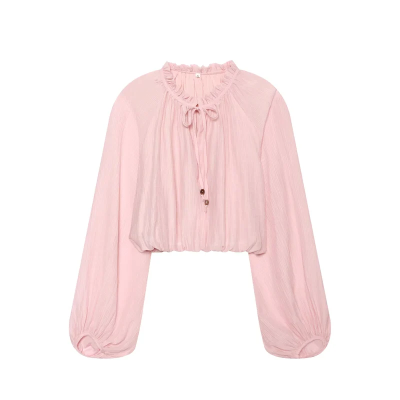 Damen Leichtes plissiertes Crop-Top mit Rüschenkragen und Kordelzug Drune