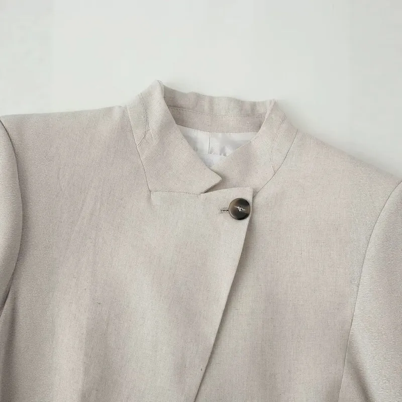 Damen Leichte Leinenoptik Kurzjacke mit Stehkragen und asymmetrischem einknöpfigem Verschluss Drune