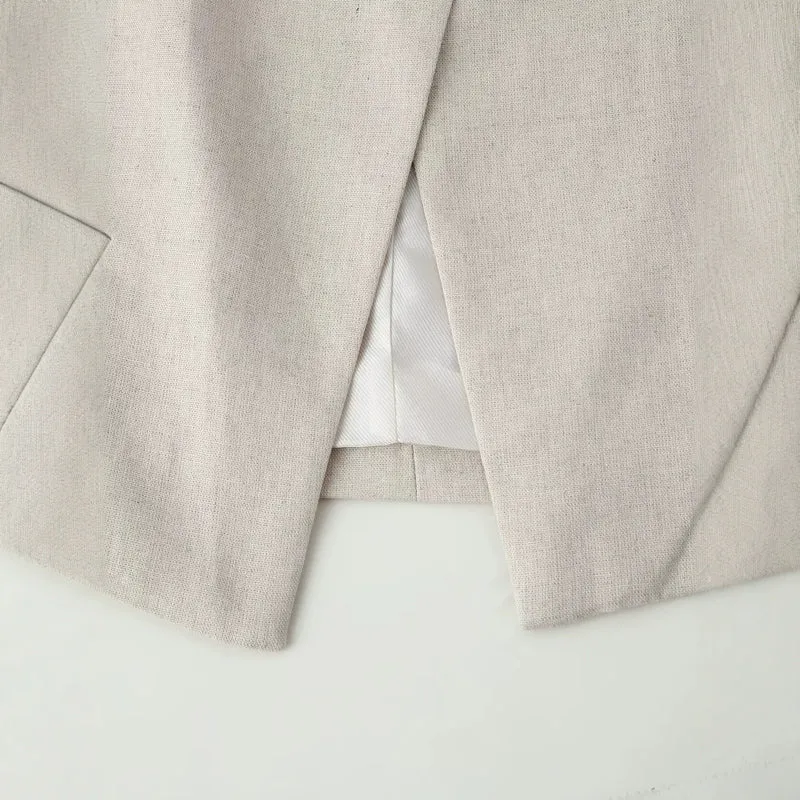 Damen Leichte Leinenoptik Kurzjacke mit Stehkragen und asymmetrischem einknöpfigem Verschluss Drune