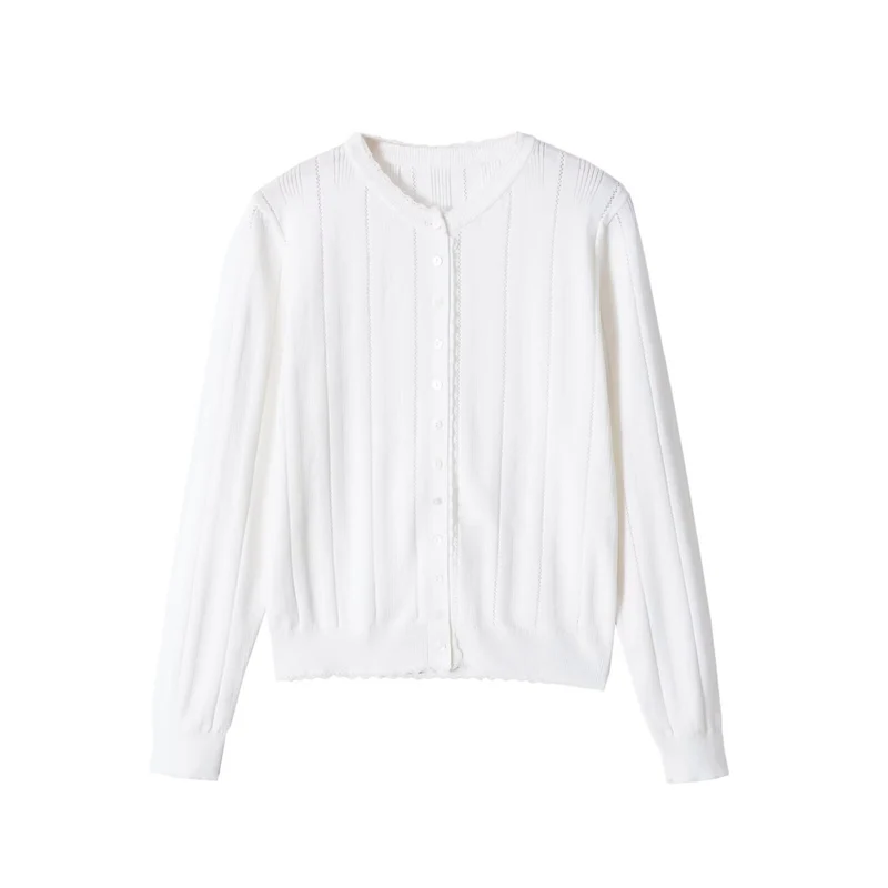 Damen Leichte Feinstrick-Cardigan mit Knopfleiste, Spitzenkante und Rippstruktur Drune