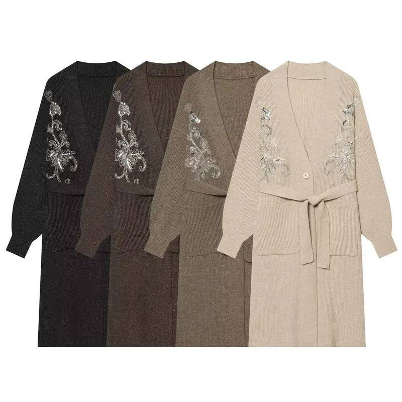 Damen Langer Strickcardigan mit Taillengürtel und Pailletten‑Stickerei Drune