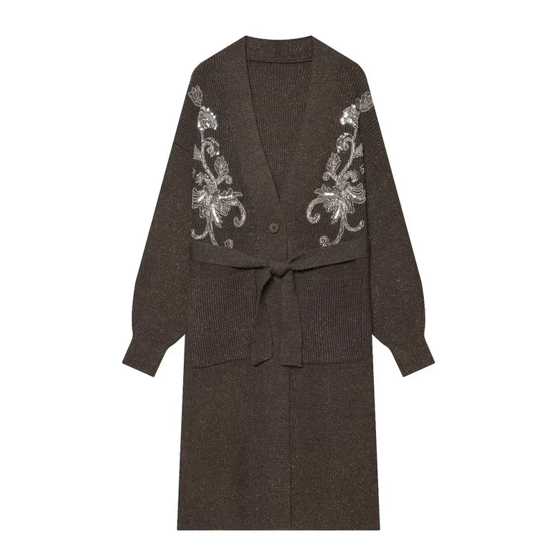 Damen Langer Strickcardigan mit Taillengürtel und Pailletten‑Stickerei Drune