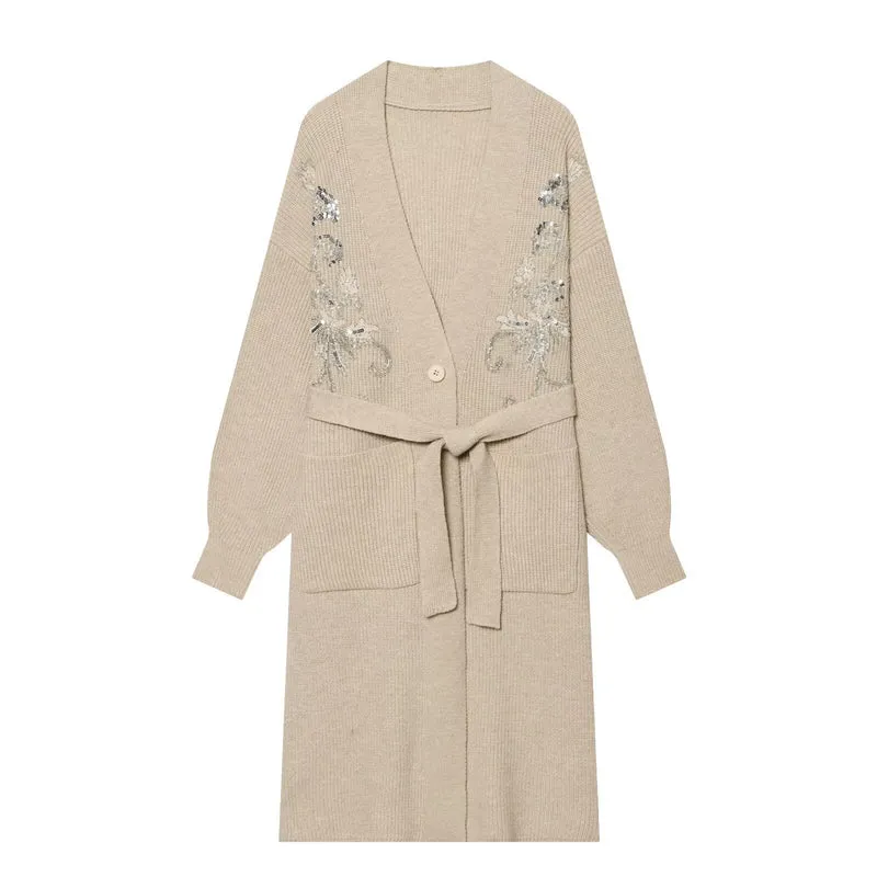 Damen Langer Strickcardigan mit Taillengürtel und Pailletten‑Stickerei Drune
