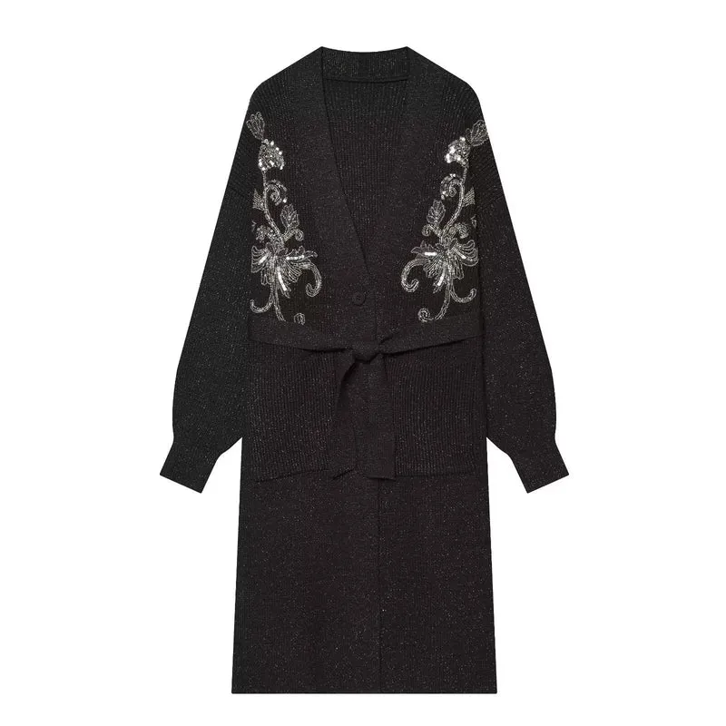Damen Langer Strickcardigan mit Taillengürtel und Pailletten‑Stickerei Drune