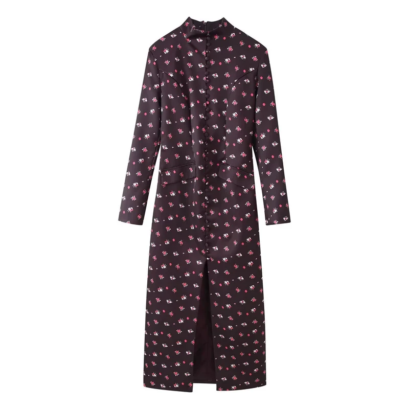 Damen Langärmliges Maxikleid mit Stehkragen, durchgehender Knopfleiste und floralem Alloverprint Drune