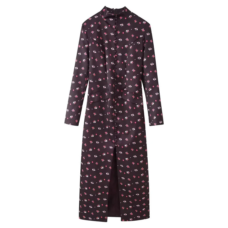 Damen Langärmliges Maxikleid mit Stehkragen, durchgehender Knopfleiste und floralem Alloverprint Drune