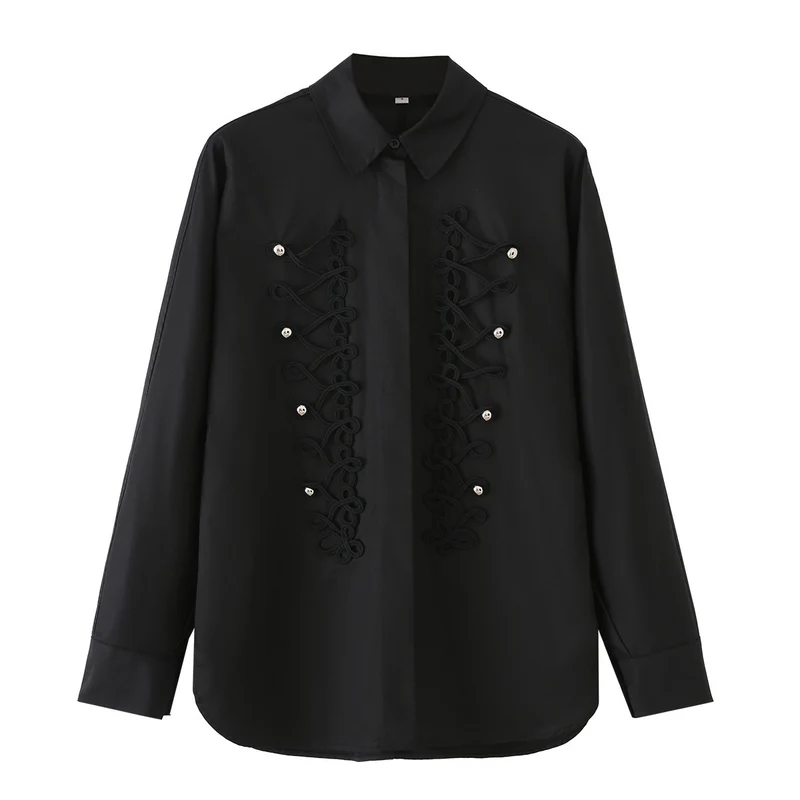 Damen Langärmlige Oversize-Bluse mit verdeckter Knopfleiste und dekorativen Kordelapplikationen Drune