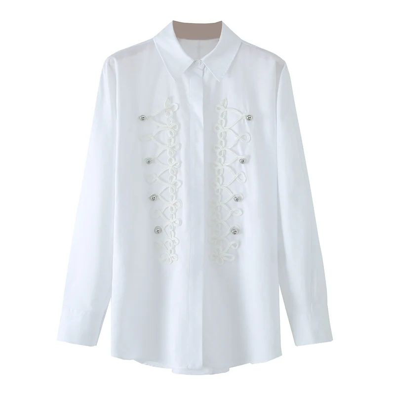 Damen Langärmlige Oversize-Bluse mit verdeckter Knopfleiste und dekorativen Kordelapplikationen Drune