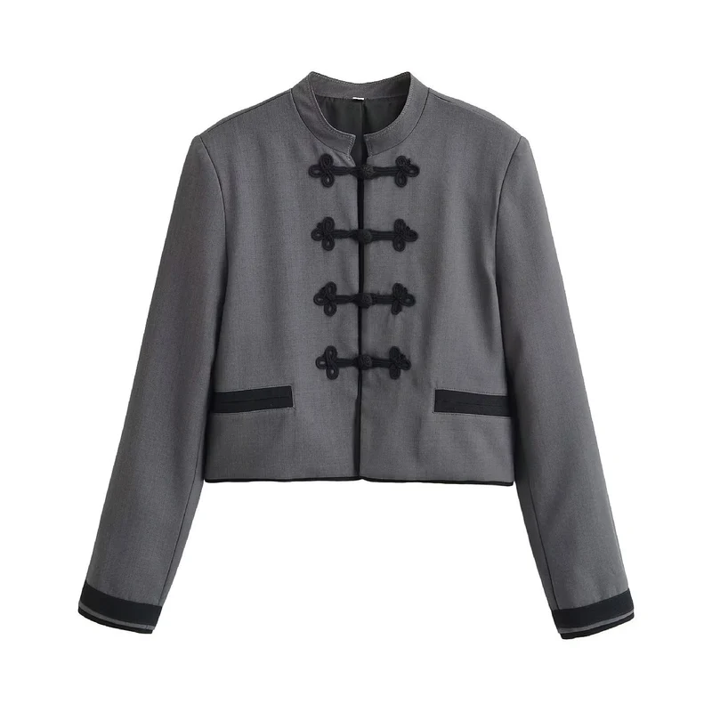 Damen Kurzjacke mit Mandarinkragen und dekorativen Knotenverschlüssen Drune