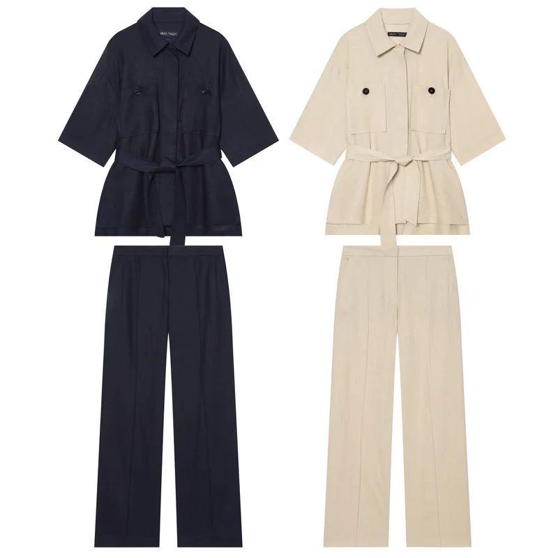 Damen Kurzjacke aus Leinen mit Taillengürtel und aufgesetzten Fronttaschen Drune