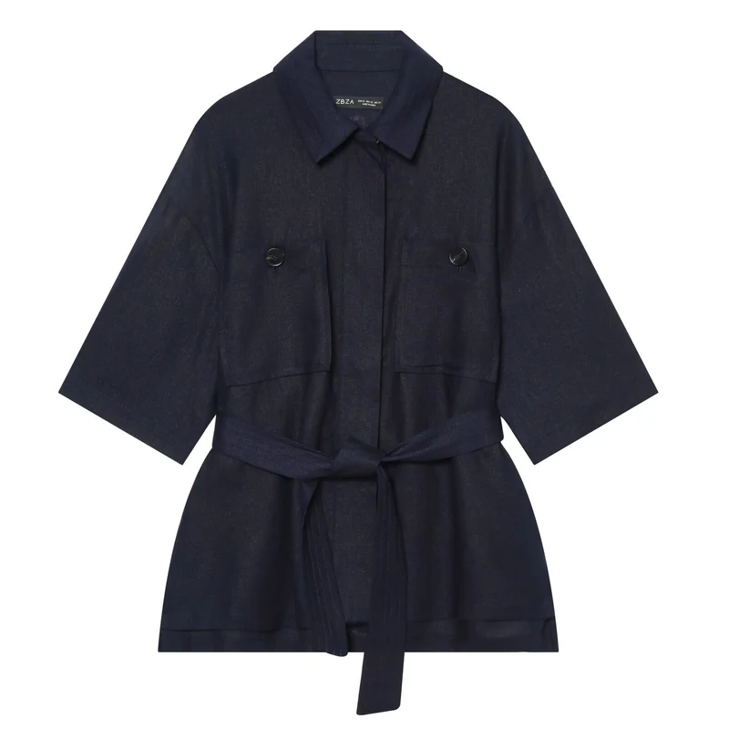 Damen Kurzjacke aus Leinen mit Taillengürtel und aufgesetzten Fronttaschen Drune