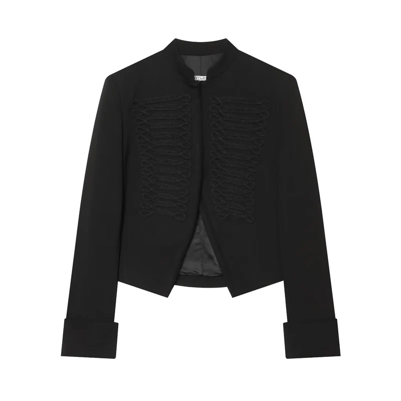 Damen Kurzgeschnittener Militärblazer mit ornamentalem Kordelbesatz und Stehkragen Drune