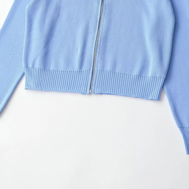 Damen Kurzgeschnittene Strickjacke mit breitem Reverskragen und Reißverschluss Drune