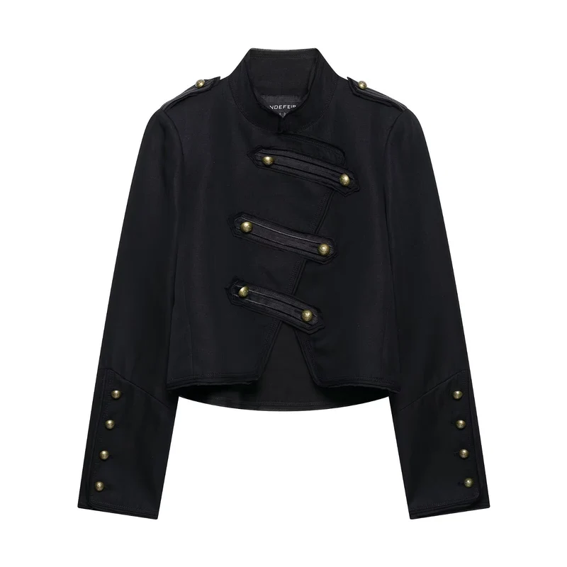 Damen Kurzgeschnittene militärisch inspirierte Jacke mit Stehkragen, Zierpatten und Metallknöpfen Drune