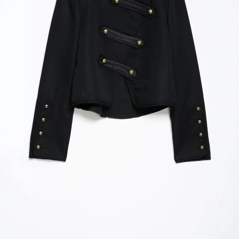 Damen Kurzgeschnittene militärisch inspirierte Jacke mit Stehkragen, Zierpatten und Metallknöpfen Drune