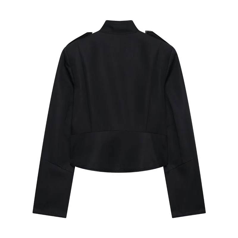 Damen Kurzgeschnittene militärisch inspirierte Jacke mit Stehkragen, Zierpatten und Metallknöpfen Drune
