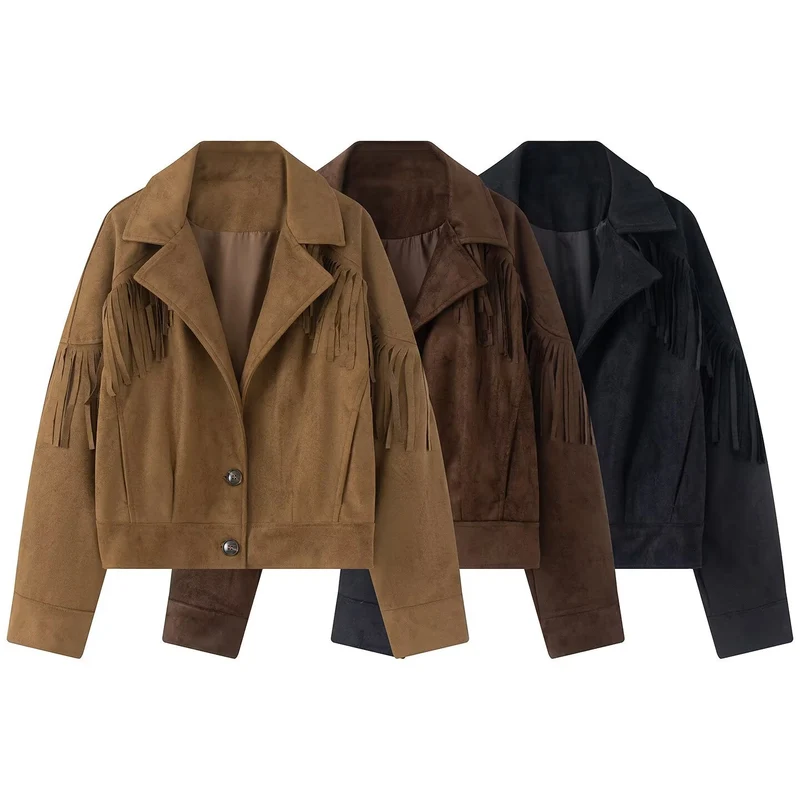 Damen kurze Wildlederimitat-Jacke mit Fransen und Reverskragen Drune
