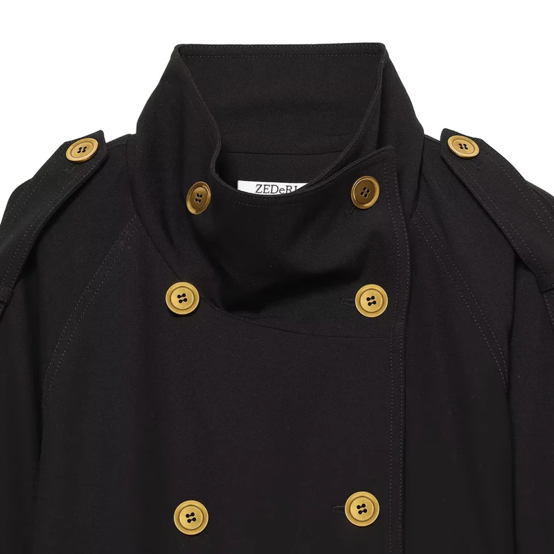 Damen Kurze Trenchjacke mit doppelreihiger Knopfleiste und Taillengürtel Drune