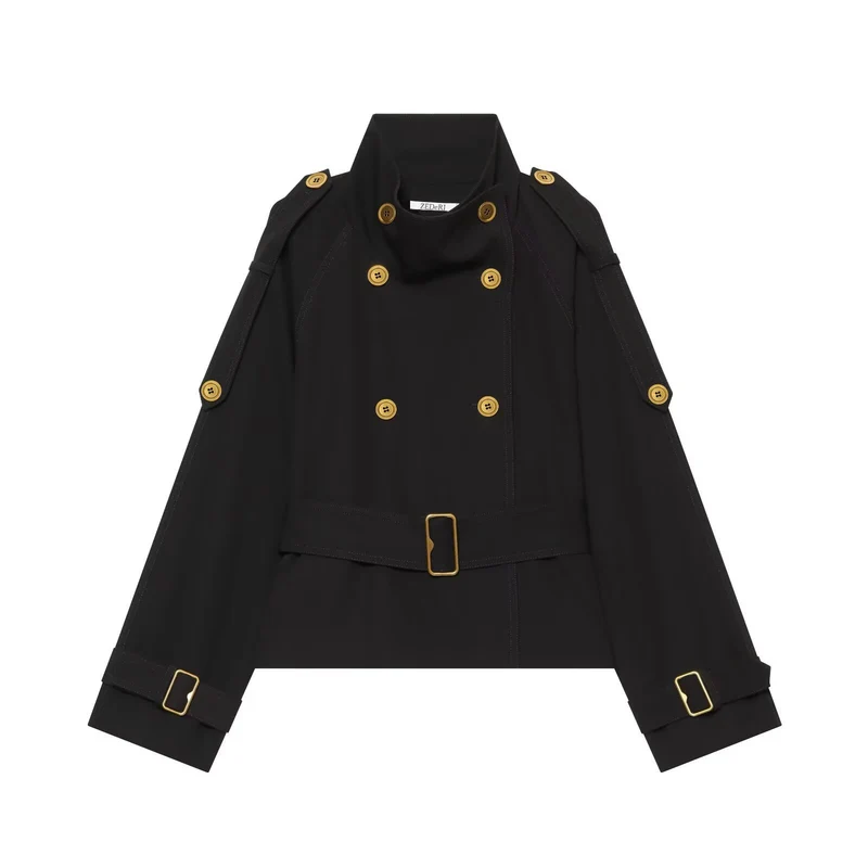 Damen Kurze Trenchjacke mit doppelreihiger Knopfleiste und Taillengürtel Drune
