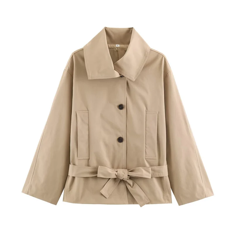 Damen Kurze taillierte Trenchjacke mit Bindegürtel und weitem Reverskragen Drune