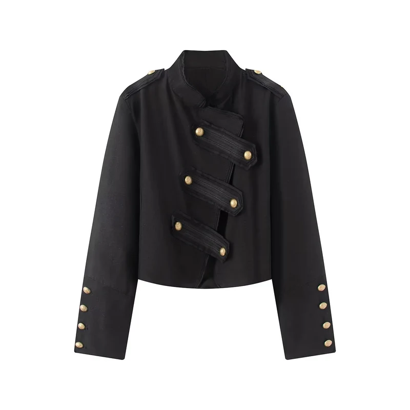 Damen Kurze Militärjacke mit Stehkragen und goldenen Zierknöpfen Drune