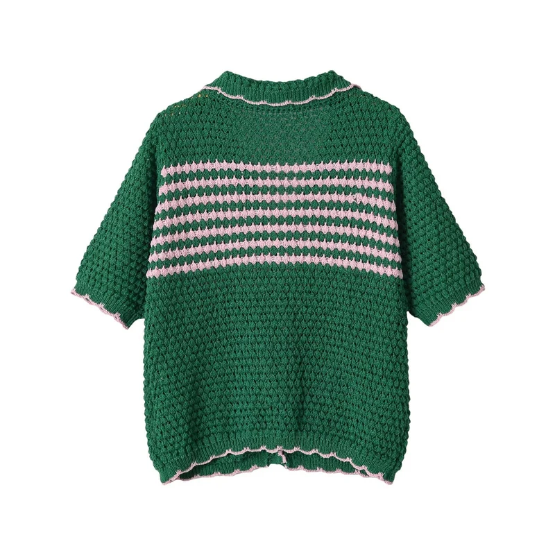 Damen Kurze gehäkelte Strickjacke mit Rüschenkragen und Kontraststreifen Drune
