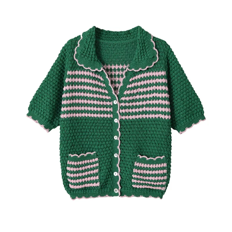 Damen Kurze gehäkelte Strickjacke mit Rüschenkragen und Kontraststreifen Drune