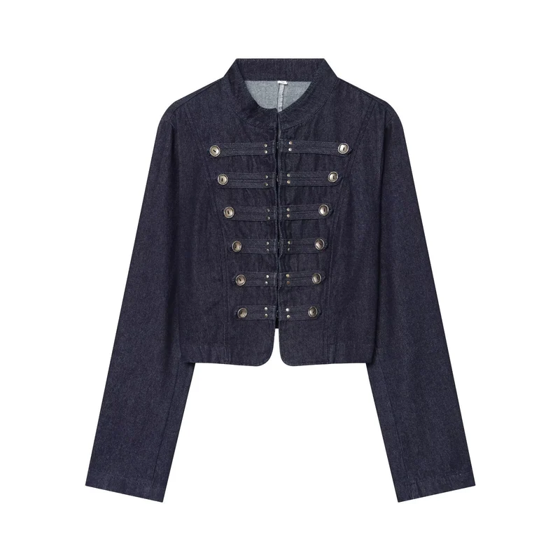 Damen kurze Denim‑Militärjacke mit Stehkragen und dekorativer Zierknopfleiste Drune