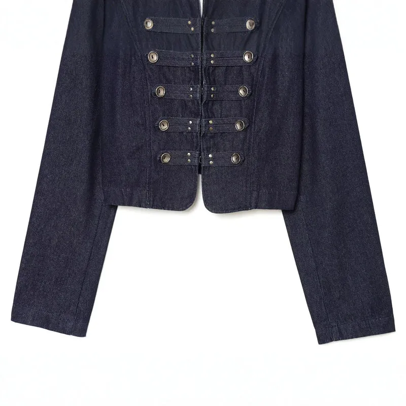 Damen kurze Denim‑Militärjacke mit Stehkragen und dekorativer Zierknopfleiste Drune