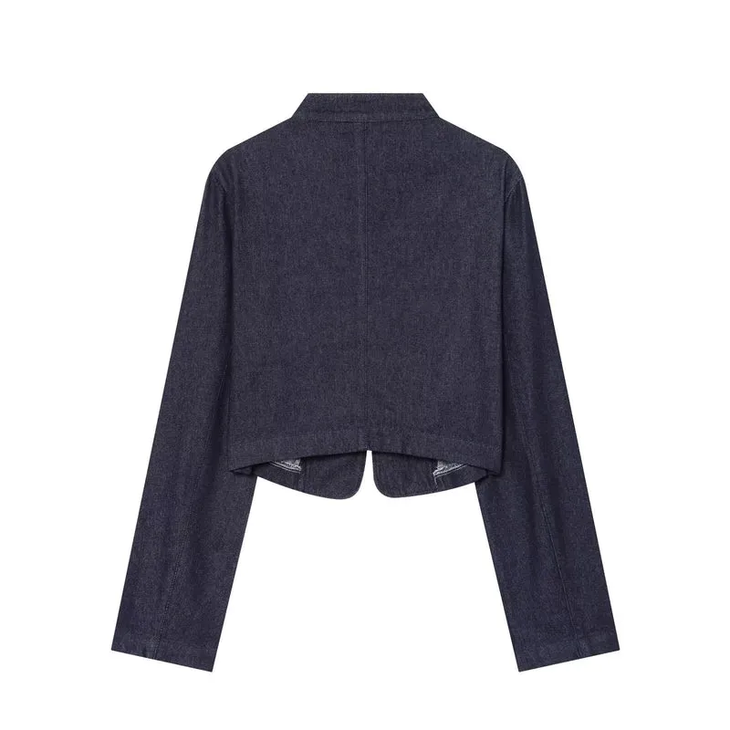 Damen kurze Denim‑Militärjacke mit Stehkragen und dekorativer Zierknopfleiste Drune