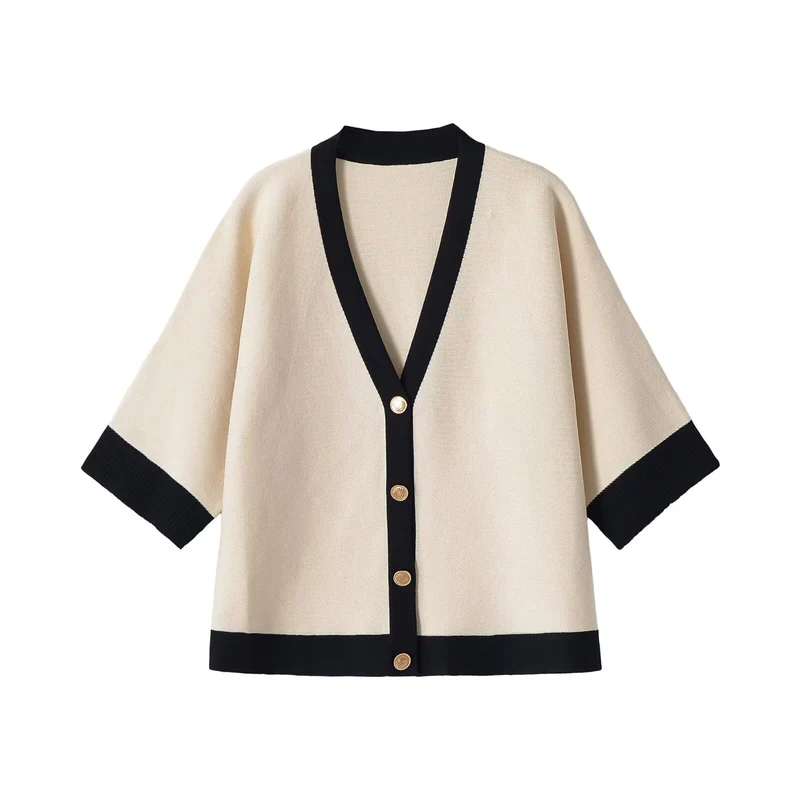 Damen Kurzärmeliges Strickponcho-Cardigan mit Kontrastblende und dekorativen Goldknöpfen Drune