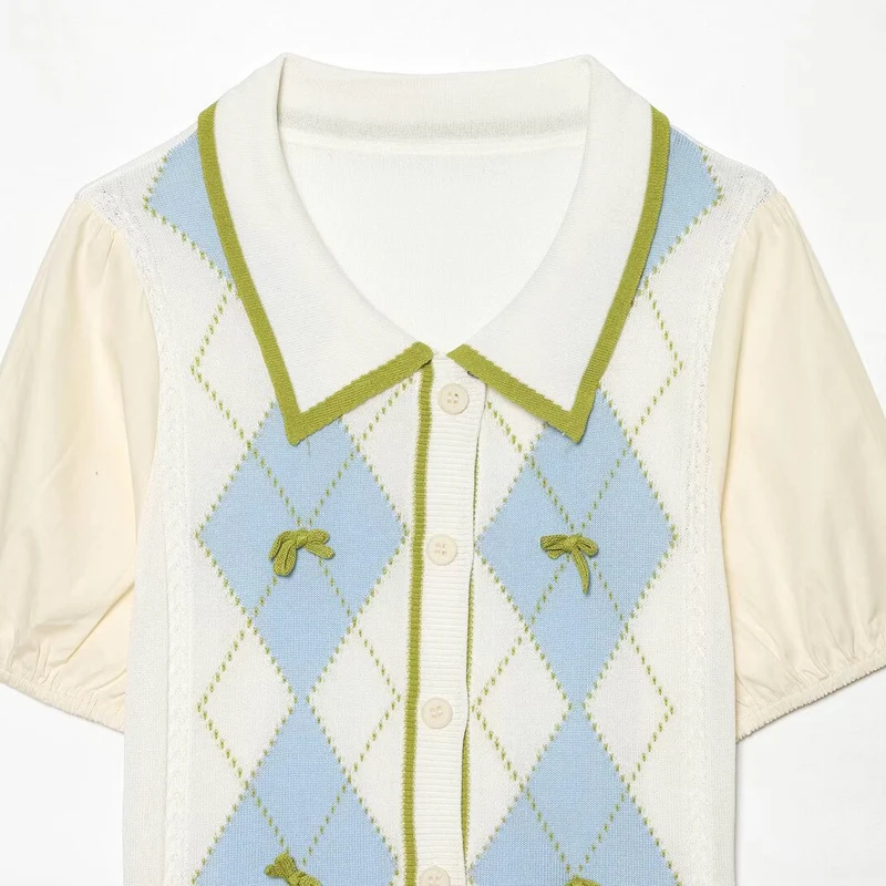 Damen Kurzarm-Pulloverjacke mit Argyle-Strickfront, Bubikragen und Puffärmeln Drune