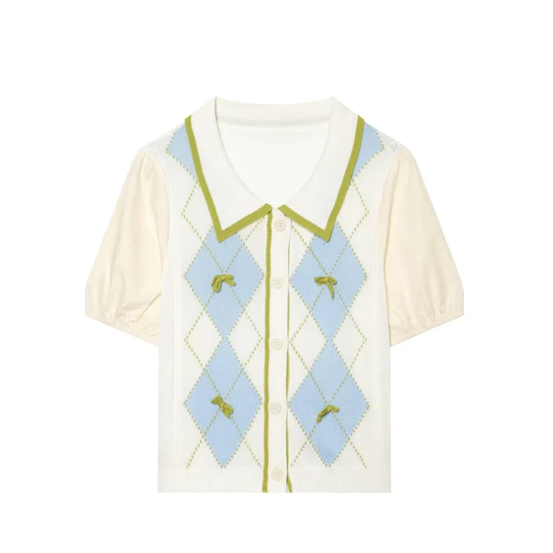 Damen Kurzarm-Pulloverjacke mit Argyle-Strickfront, Bubikragen und Puffärmeln Drune