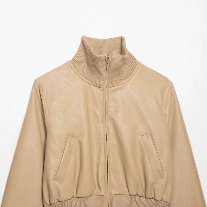 Damen Kurz geschnittener Lederblouson mit hohem Rippkragen Drune