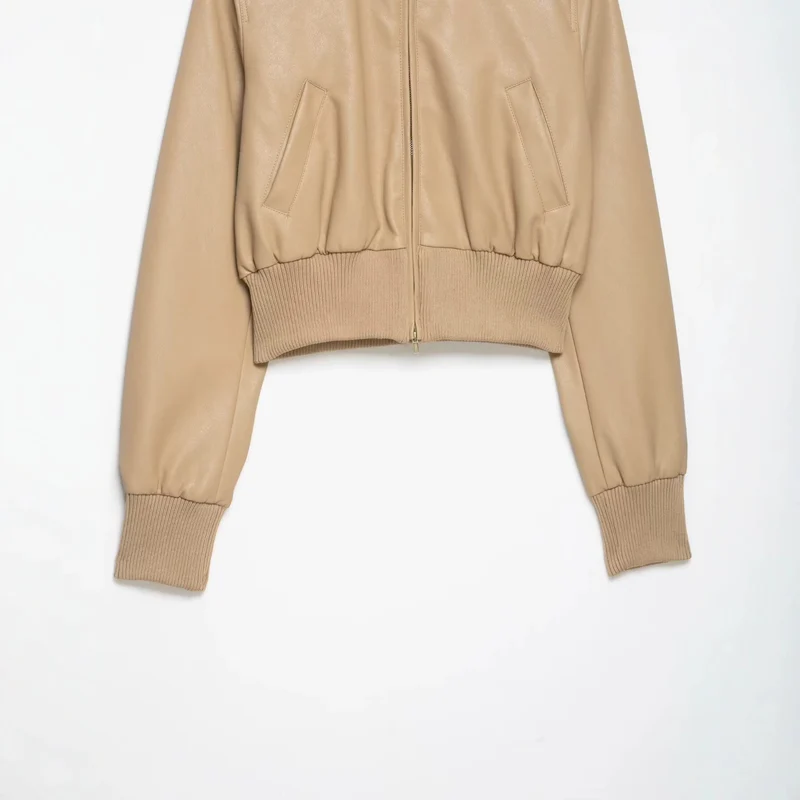 Damen Kurz geschnittener Lederblouson mit hohem Rippkragen Drune