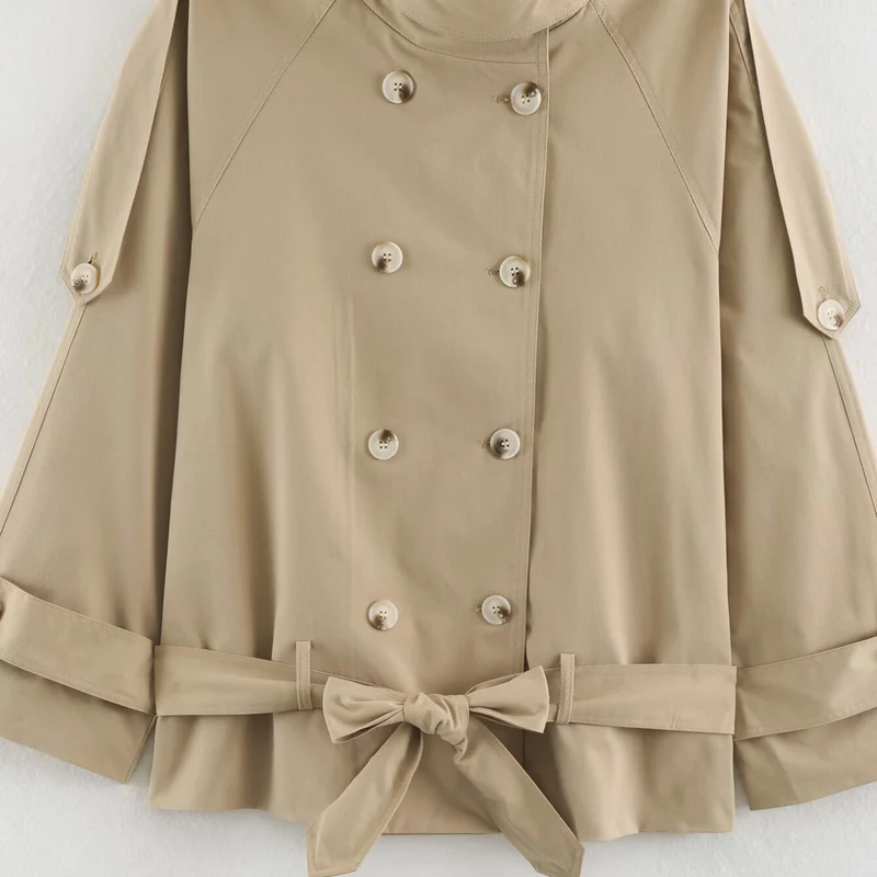 Damen Kurz geschnittener Cape-Trenchcoat mit Stehkragen und Taillengürtel Drune