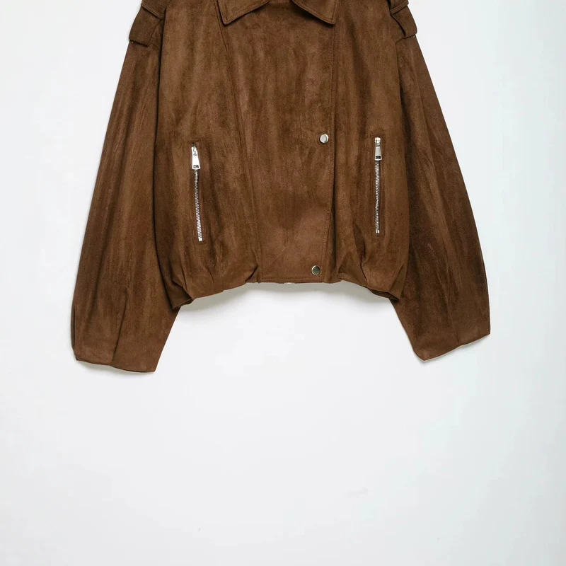Damen Kurz geschnittene Wildleder-Bikerjacke mit Schulterklappen Drune