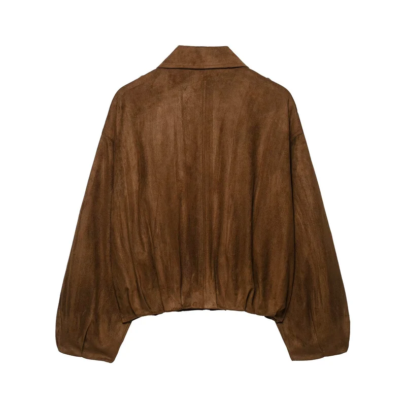 Damen Kurz geschnittene Wildleder-Bikerjacke mit Schulterklappen Drune