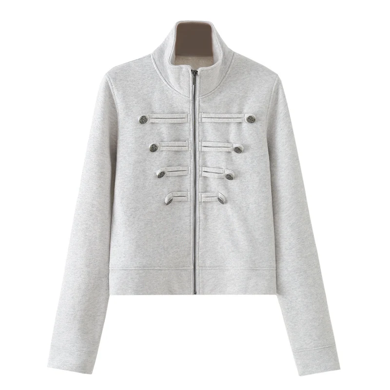 Damen Kurz geschnittene Sweatjacke mit Stehkragen und dekorativen Zierpaspeln Drune