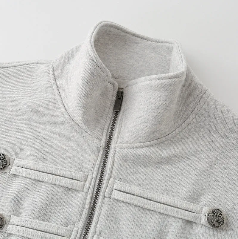Damen Kurz geschnittene Sweatjacke mit Stehkragen und dekorativen Zierpaspeln Drune