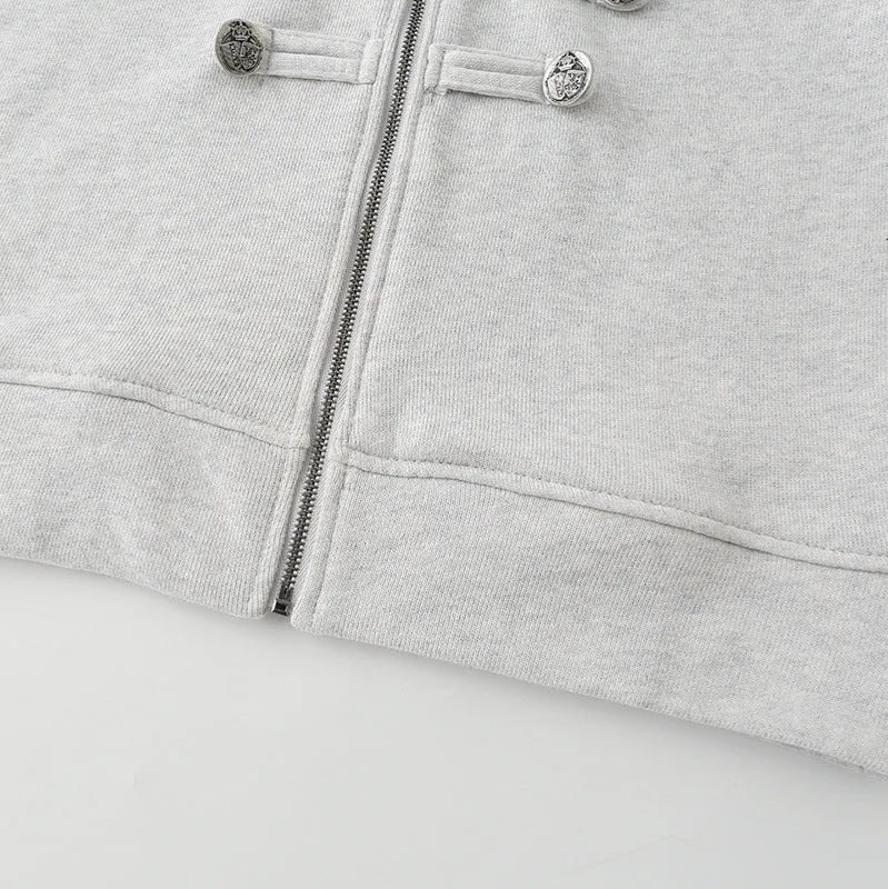 Damen Kurz geschnittene Sweatjacke mit Stehkragen und dekorativen Zierpaspeln Drune
