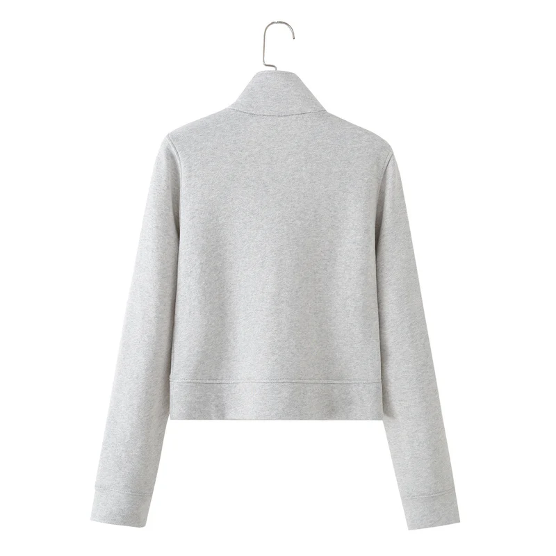 Damen Kurz geschnittene Sweatjacke mit Stehkragen und dekorativen Zierpaspeln Drune