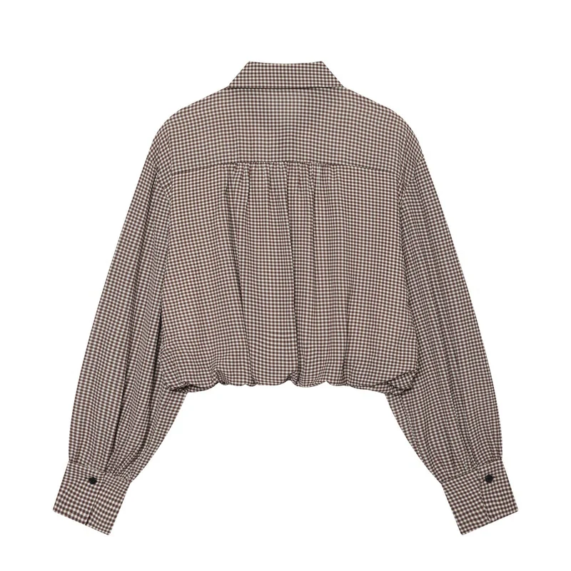 Damen Karo-Cropped-Hemdbluse mit Ballonärmeln und Brusttasche Drune