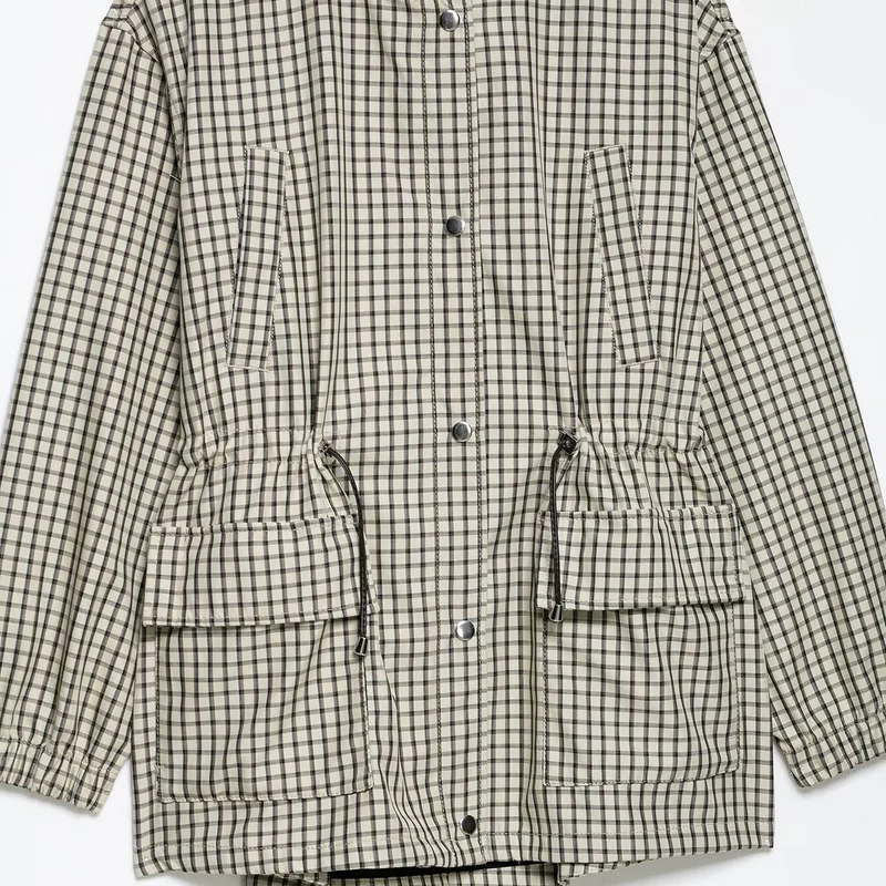 Damen Karierte Oversize-Parka mit Tunnelzug, Stehkragen und aufgesetzten Pattentaschen Drune
