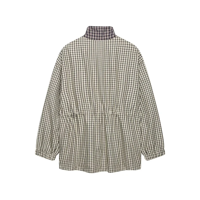 Damen Karierte Oversize-Parka mit Tunnelzug, Stehkragen und aufgesetzten Pattentaschen Drune