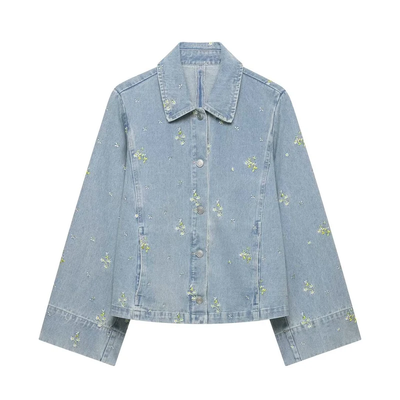 Damen Jeansjacke mit floraler Stickerei und kastiger Silhouette Drune