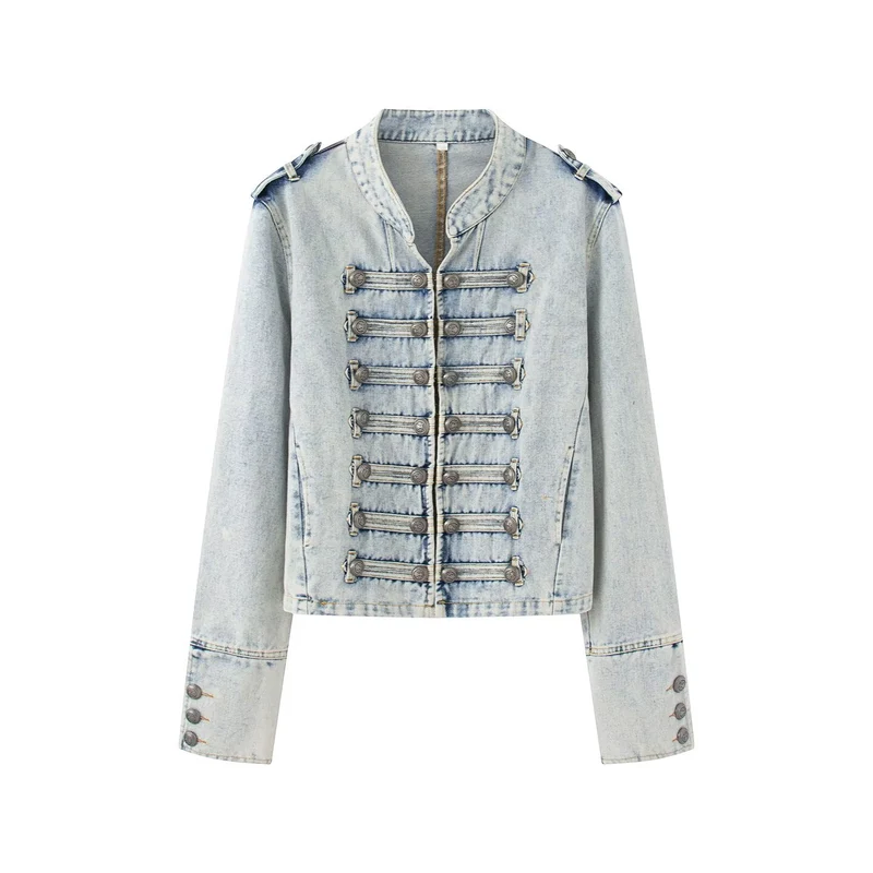 Damen Jeansjacke im Military-Stil mit dekorativer Zierknopfleiste Drune