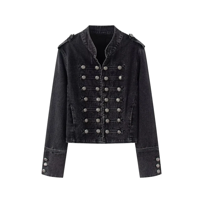 Damen Jeansjacke im Military-Stil mit dekorativer Zierknopfleiste Drune