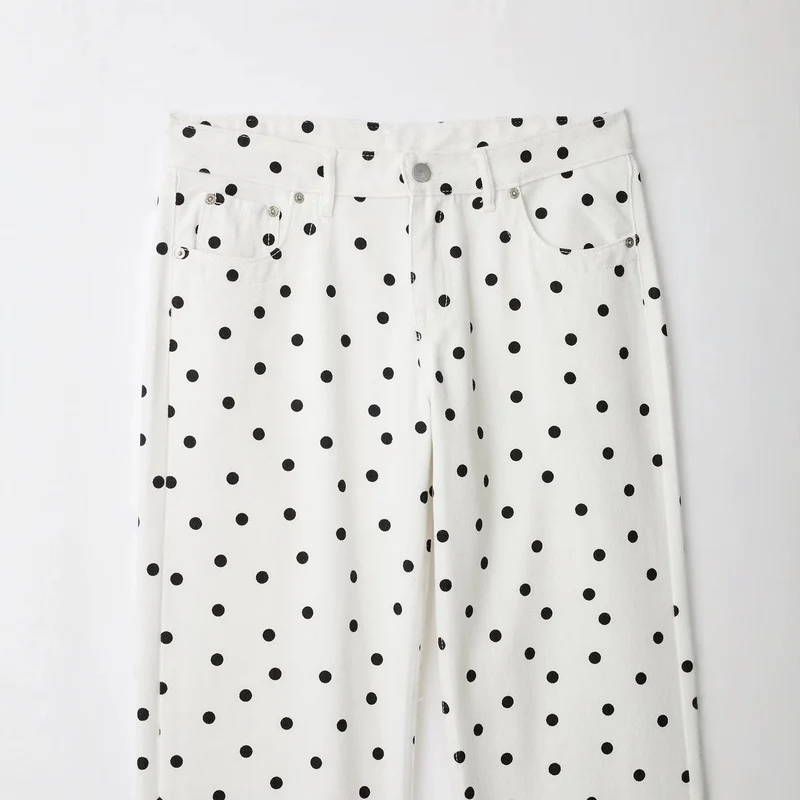 Damen Jeanshose mit weitem Bein, hohem Bund und Polka‑Dot‑Print Drune