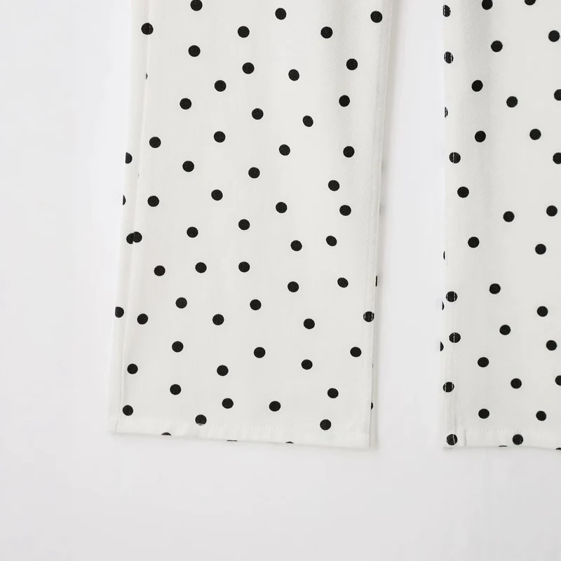 Damen Jeanshose mit weitem Bein, hohem Bund und Polka‑Dot‑Print Drune